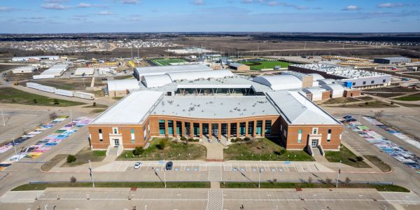 Aerial shot of Forney TX featuring ISD building